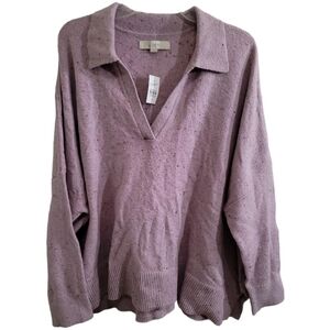 NWT LOFT Slub Knit Sweater in Lavender Speckled XL Drop Shoulder Collared V-neck
